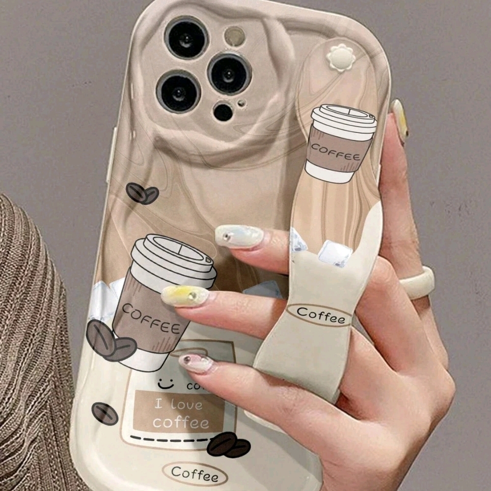 iPhone 16 Pro Max Smiling Face WristStrap Shockproof Case Holder Coffee Color.Sh